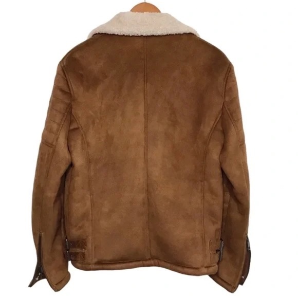Zara Faux Sherpa & Leather Oversized Brown Bomber Jacket Coat Size Medium - Picture 8 of 9